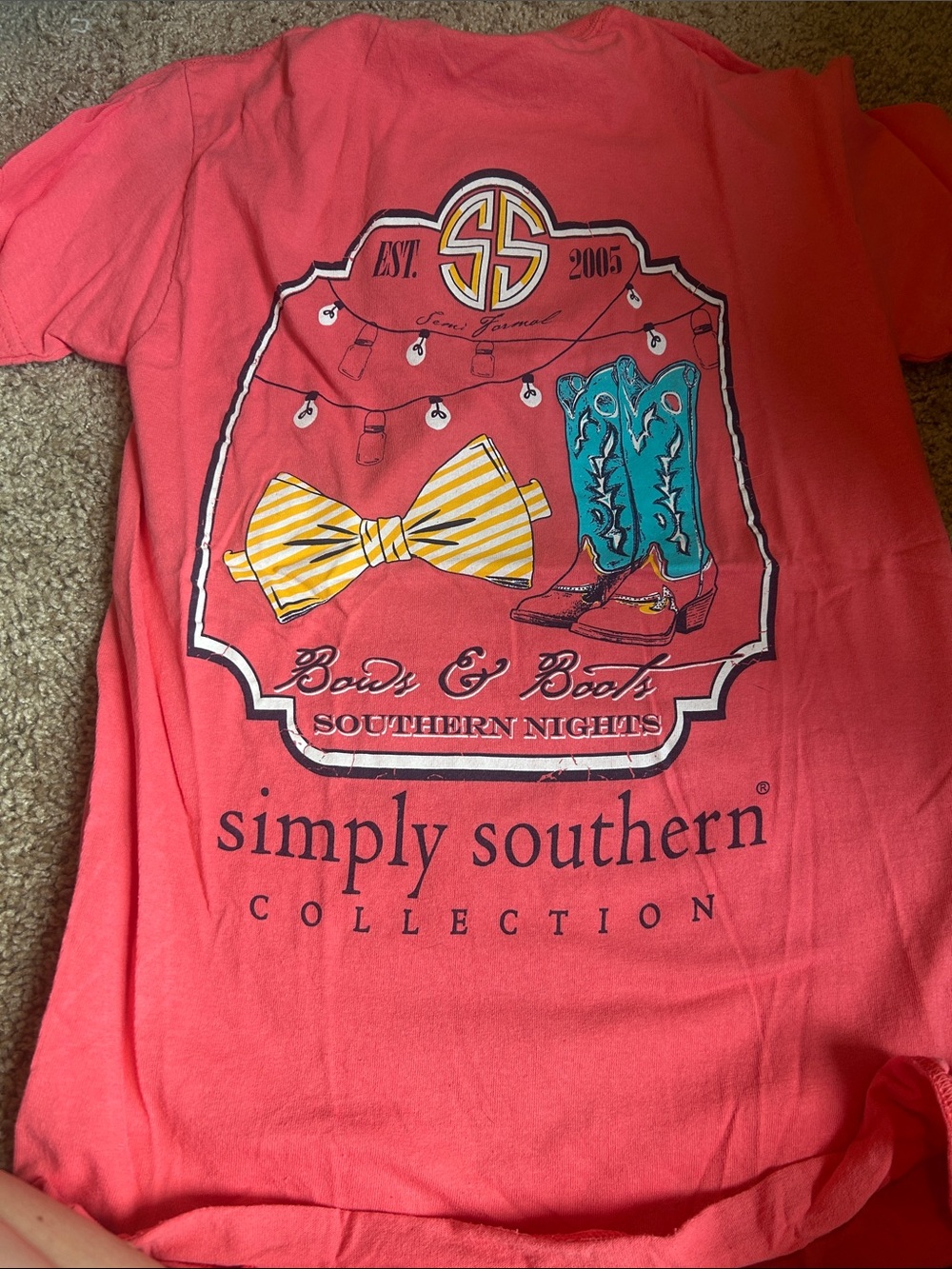Simply Southern Coral Tee with Yellow Bow & Teal Boots Graphic